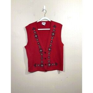 Vintage Koret Womens Embroidered Wool Blend Sweater Vest L Red Boho 90s Granny